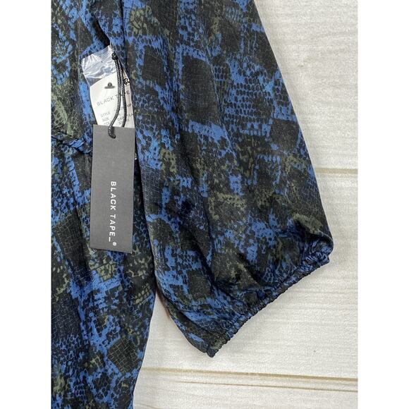 Black Tape Dress Womens 2X Blue Black Animal Print Satin Flowy Long Sleeve NWT - Picture 4 of 9